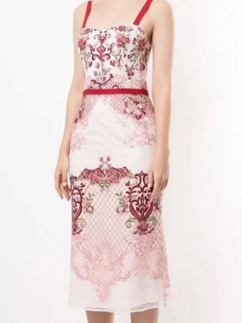 Marchesa Notte Red Pink Lace Embroidered Floral Paneled Sheath Midi Dress